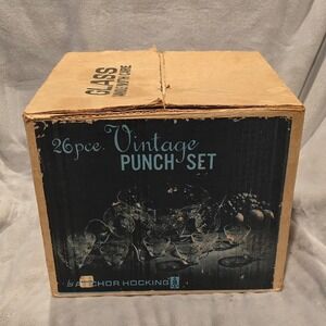 Vintage Anchor‎ Hocking Grape Leaf 26 Piece Clear Glass Punch Bowl Set